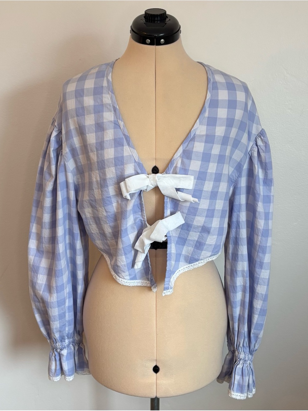 Out From Under Urban Outfitters Charlotte Bow Blouse, Light Purple Gingham Top S